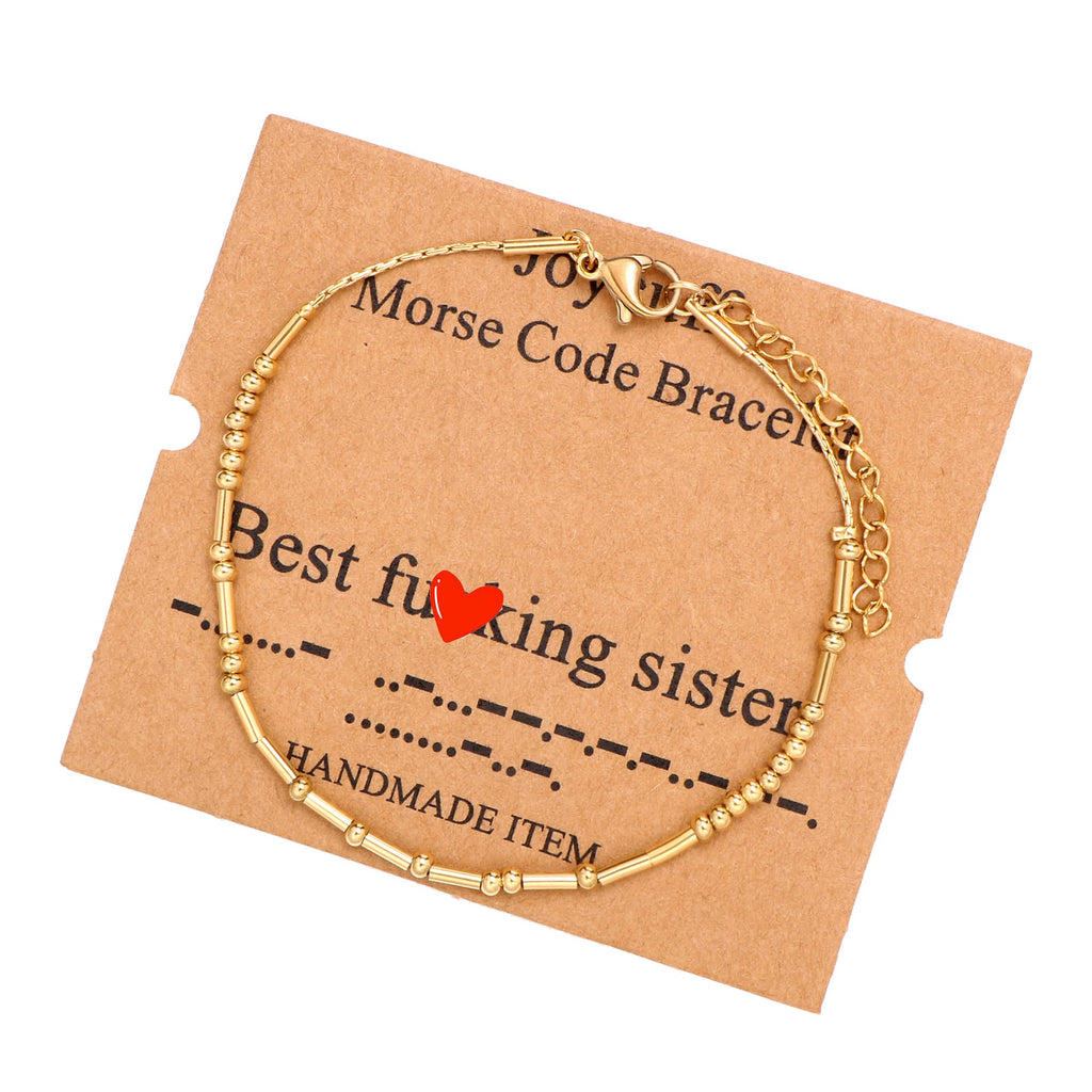 JoycuFF Morse Code Bracelets Best Sister Funny Inspirational Sister Gifts for Her Birthday Mother's Day Christmas Courage Gold B