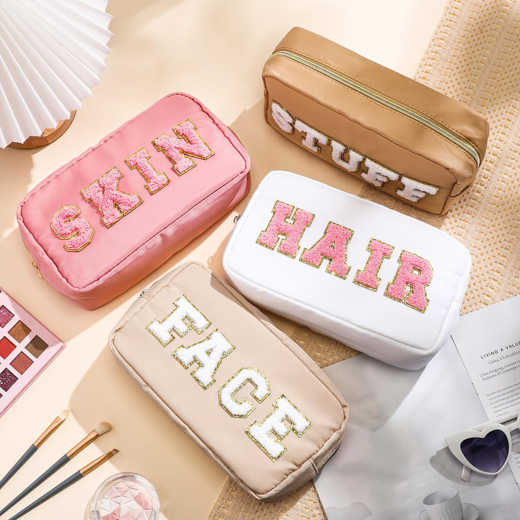 Remerry 4 Pcs Nylon Cosmetic Bag Travel Organizer Chenille Letter Makeup Pouch Zipper Preppy Waterproof Hair Bag Toiletry Pouch