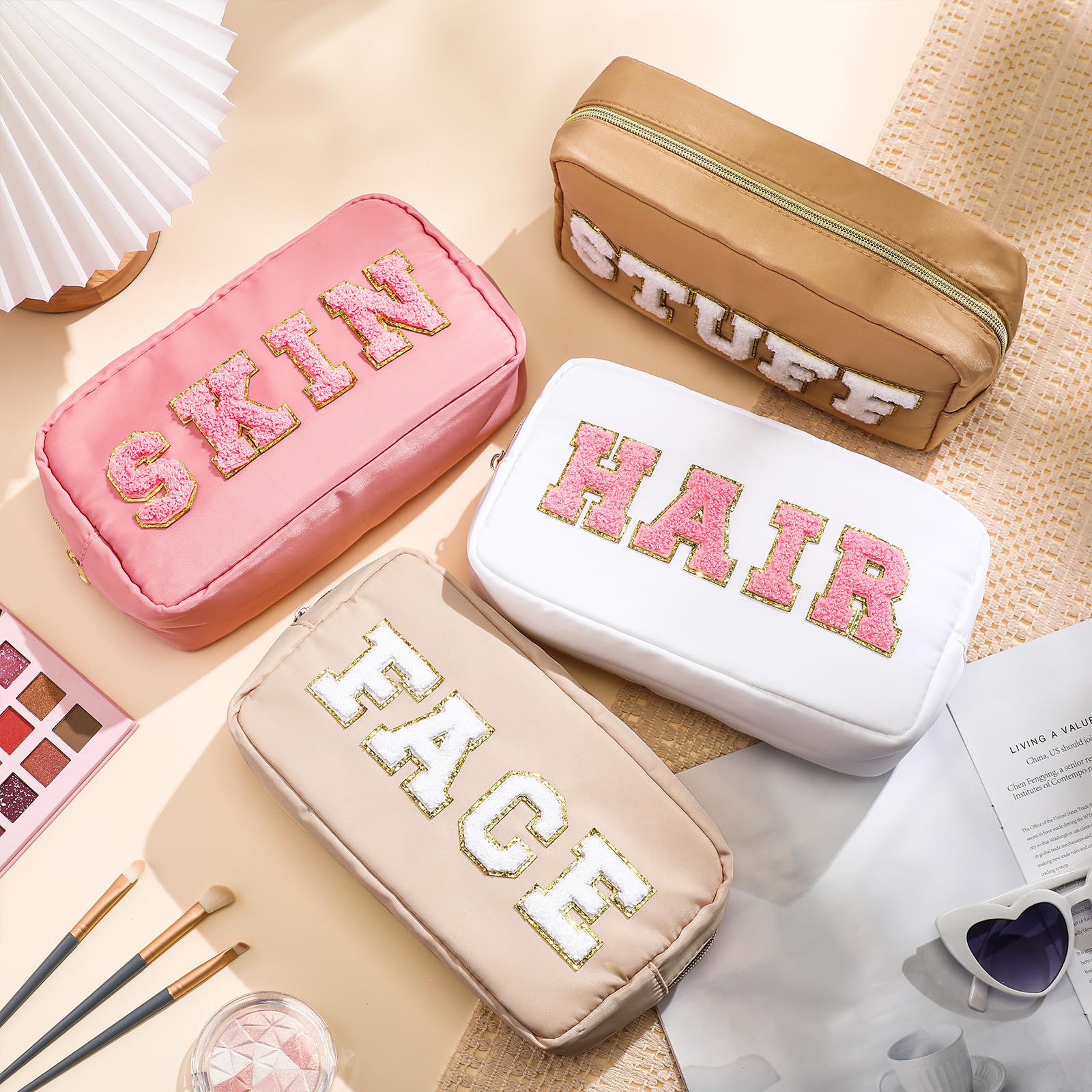 Remerry 4 Pcs Nylon Cosmetic Bag Travel Organizer Chenille Letter Makeup Pouch Zipper Preppy Waterproof Hair Bag Toiletry Pouch