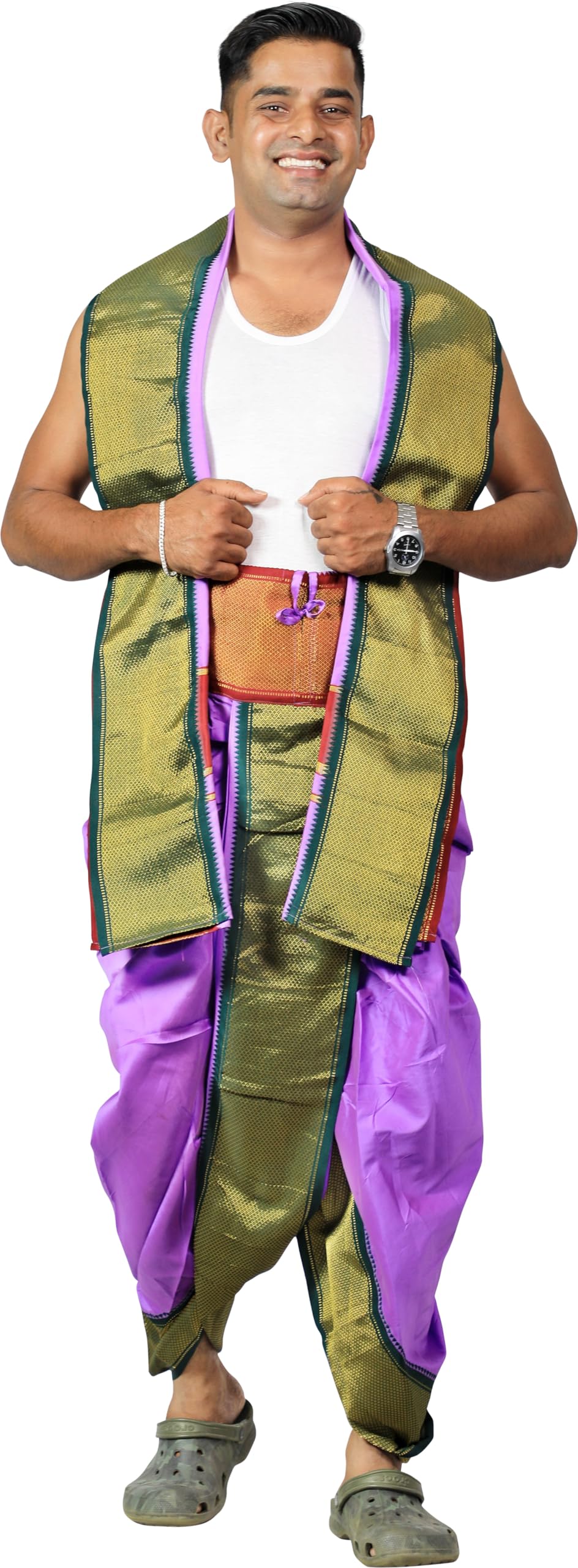 Prakasam Cotton Mens Asha Silk Panchakacham Ready To Wear Dhoti Towel Set With Pocket/Panchakacham Dhoti With Angavastram (Stitc