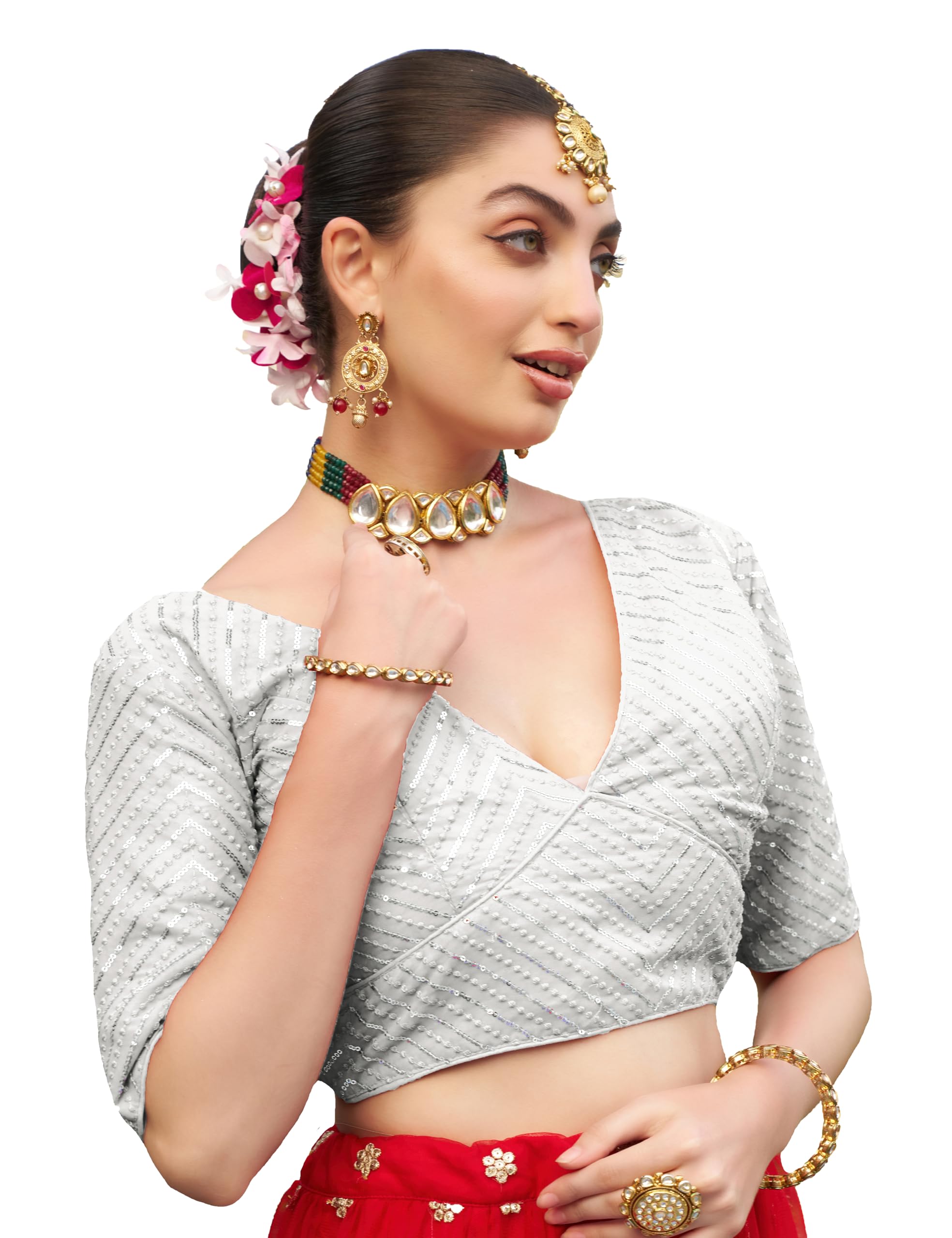 Pujia Mills Womens Fancy Readymade Half Sleeve Sequins Saree Blouse (White, 36)
