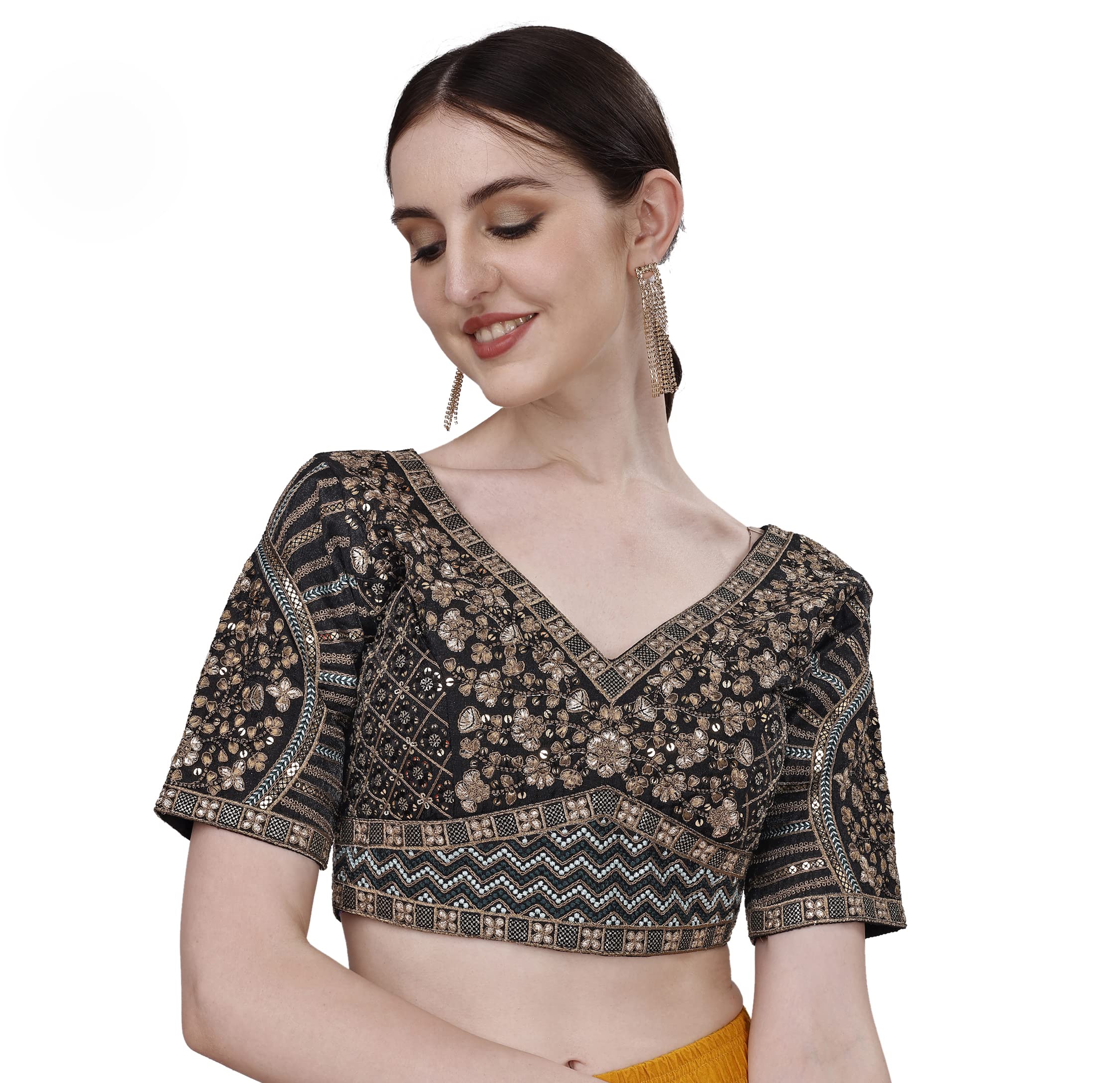 Pujia Mills Mills Womens Fancy Readymade Heavy Coding Embroidary Worked Half Sleeve Multicolor Saree Blouse(Mushroom) (Black, 3
