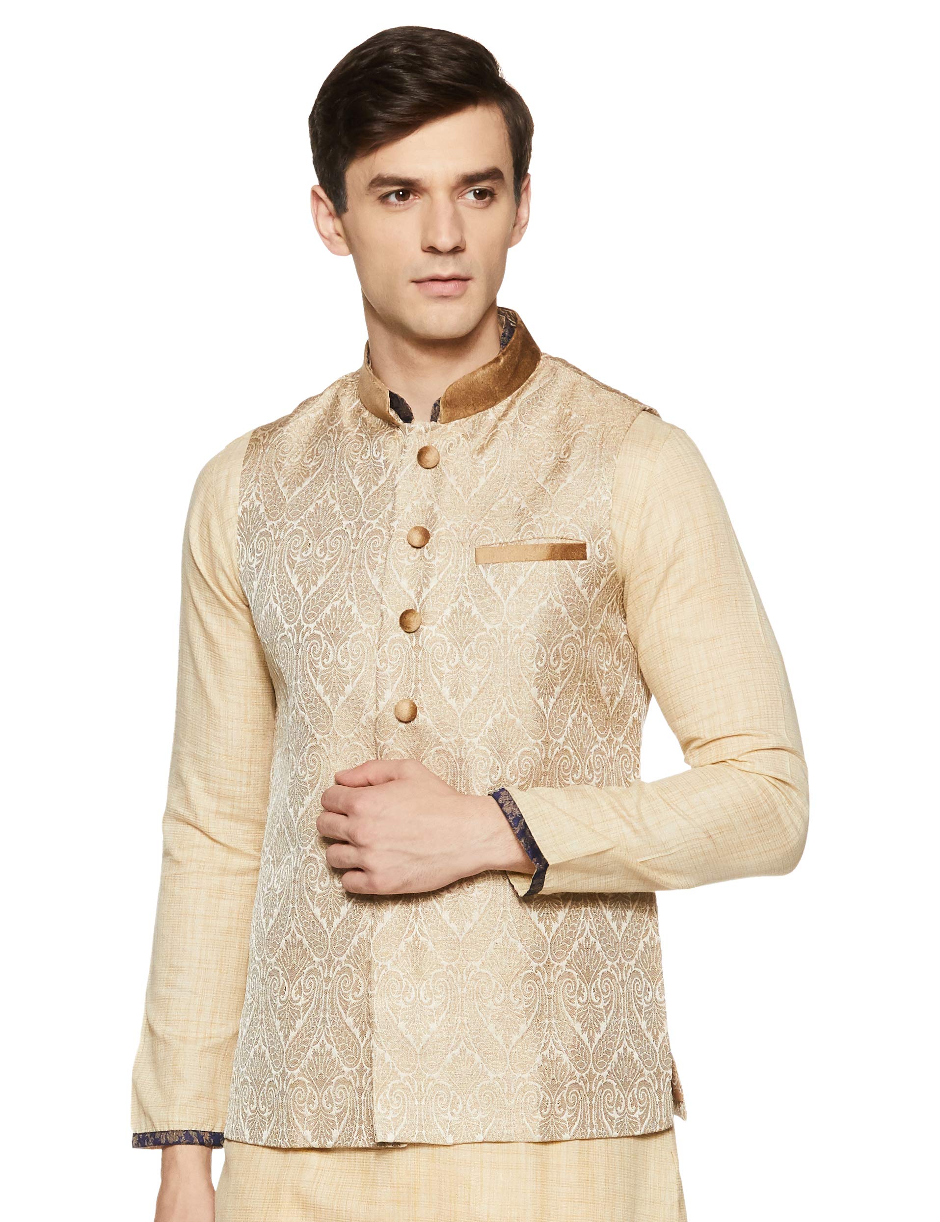 Manyavar J952358-303 Art Silk Jacket (J952358-303_Beige_Medium/38)
