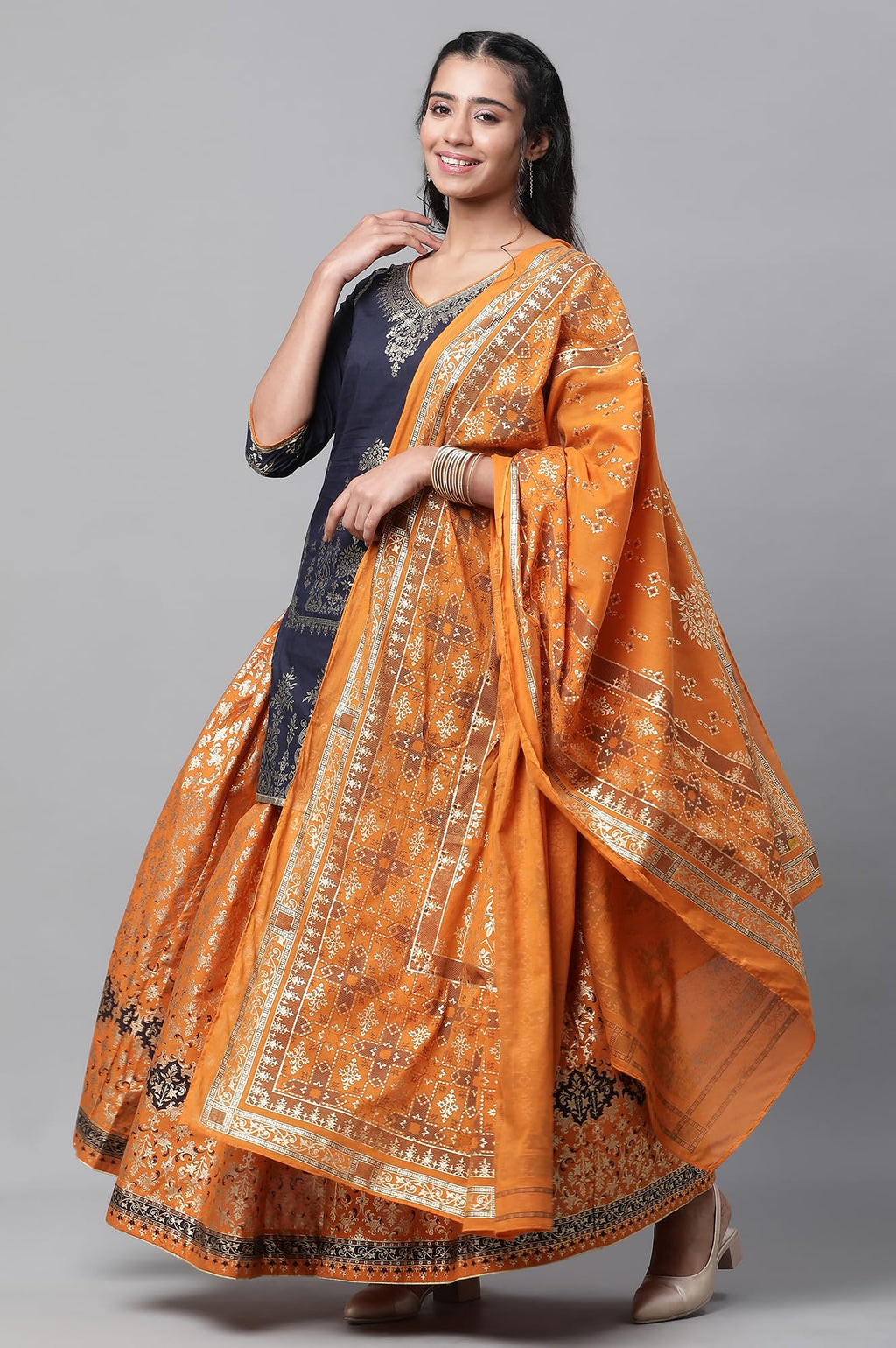Aurelia Blue Festive Short Kurta, Orange Crinkle Skirt And Dupatta
