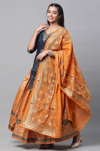 Aurelia Blue Festive Short Kurta, Orange Crinkle Skirt And Dupatta