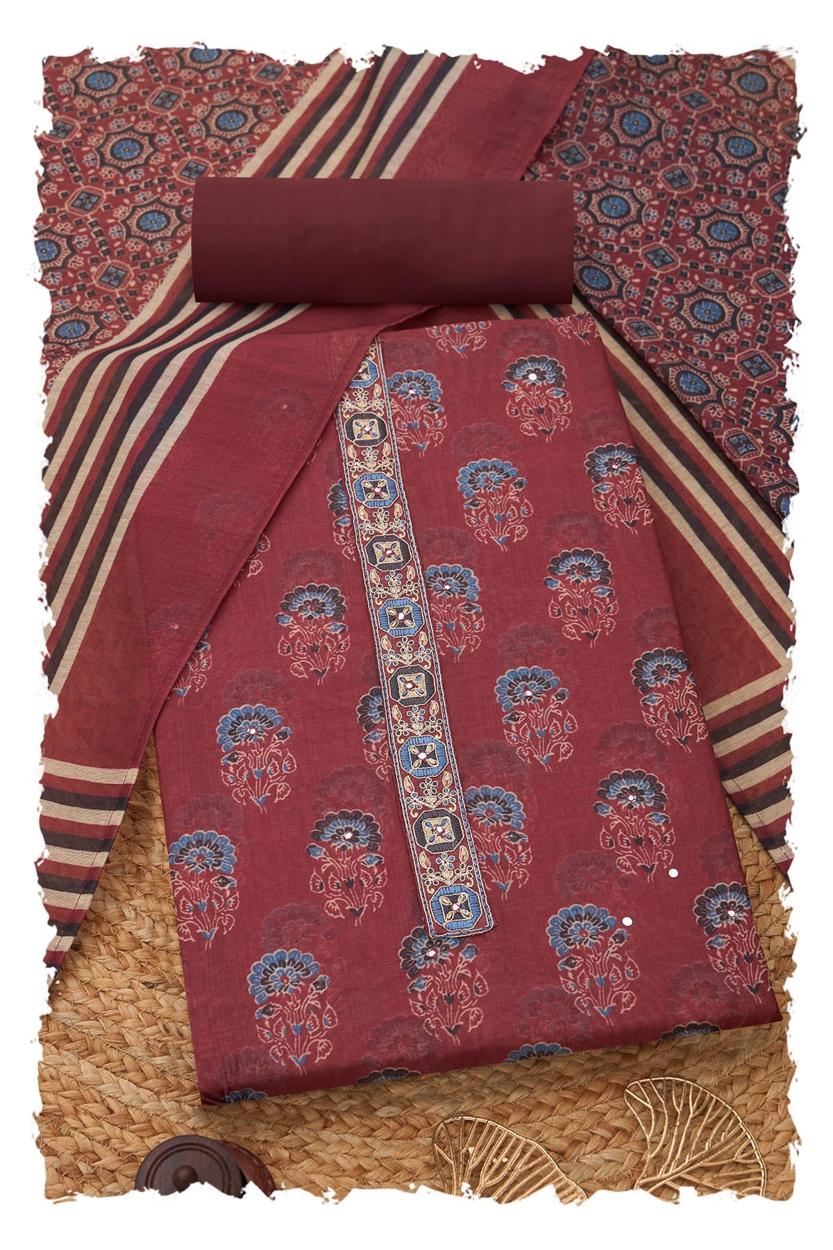 Soch Women Chanderi Floral Print Unstitch Dress Material with Faux Mirror and Sequins