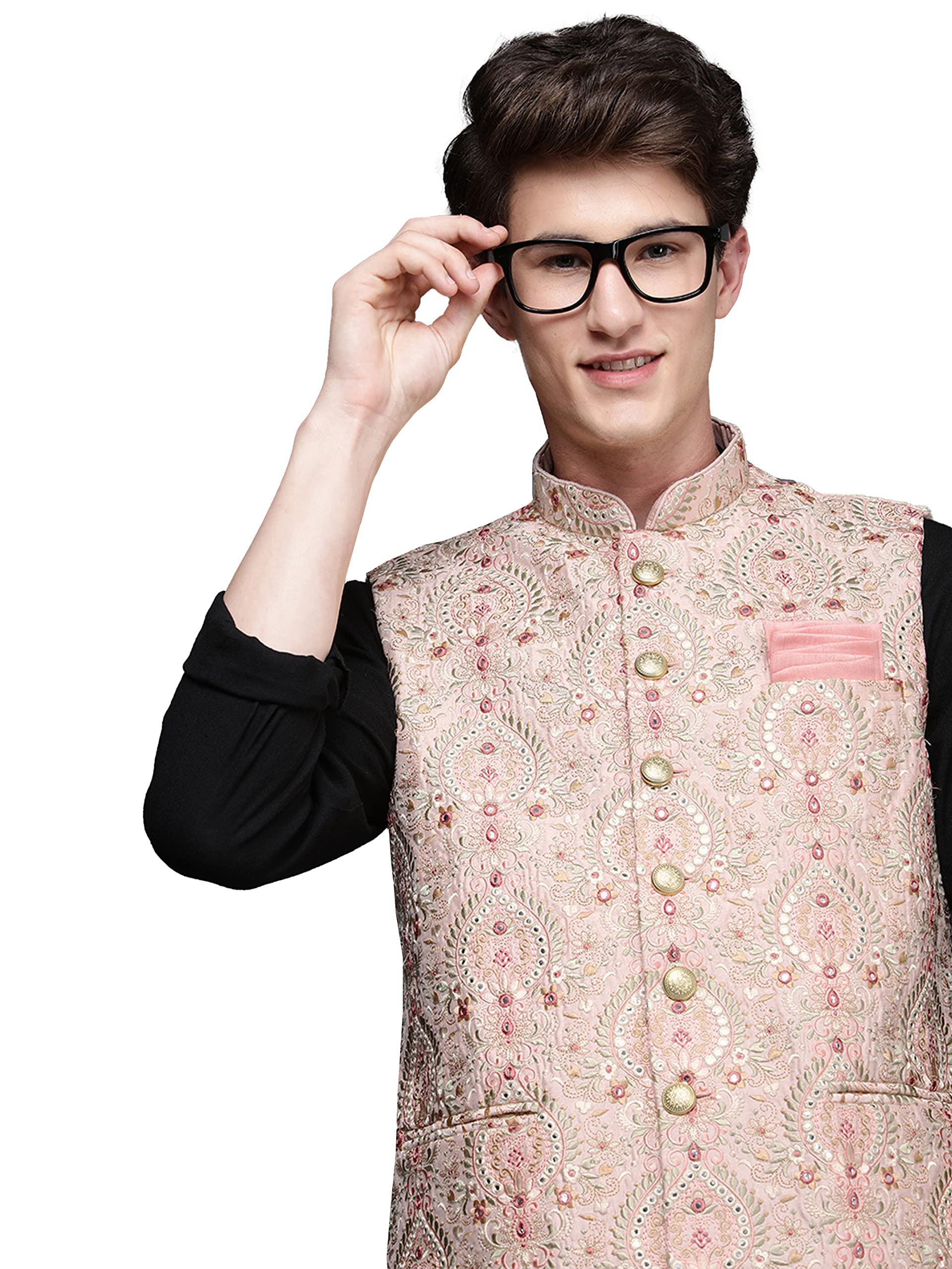 Manyavar Mens Jacket, Nehru Jacket For Men, Ethnic Jacket For Festival, Wedding Party, Sleevless Jacket Art Silk (Pink, Xl)