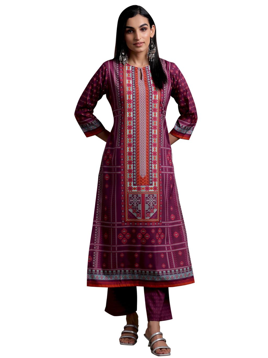 Libas Women Poly Crepe Burgundy Printed Straight Kurta Set With Trousers, Xl