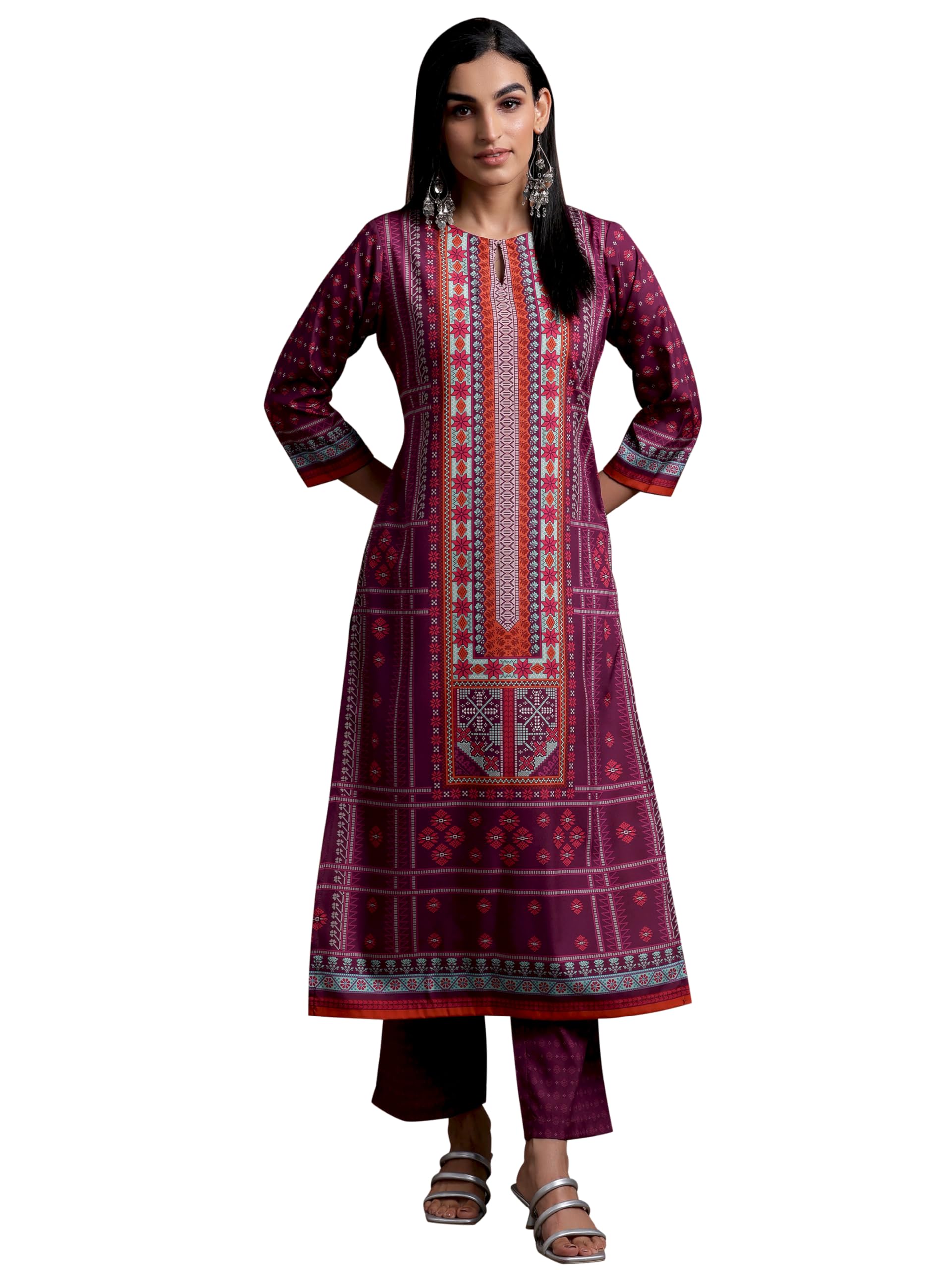Libas Women Poly Crepe Burgundy Printed Straight Kurta Set With Trousers, Xl