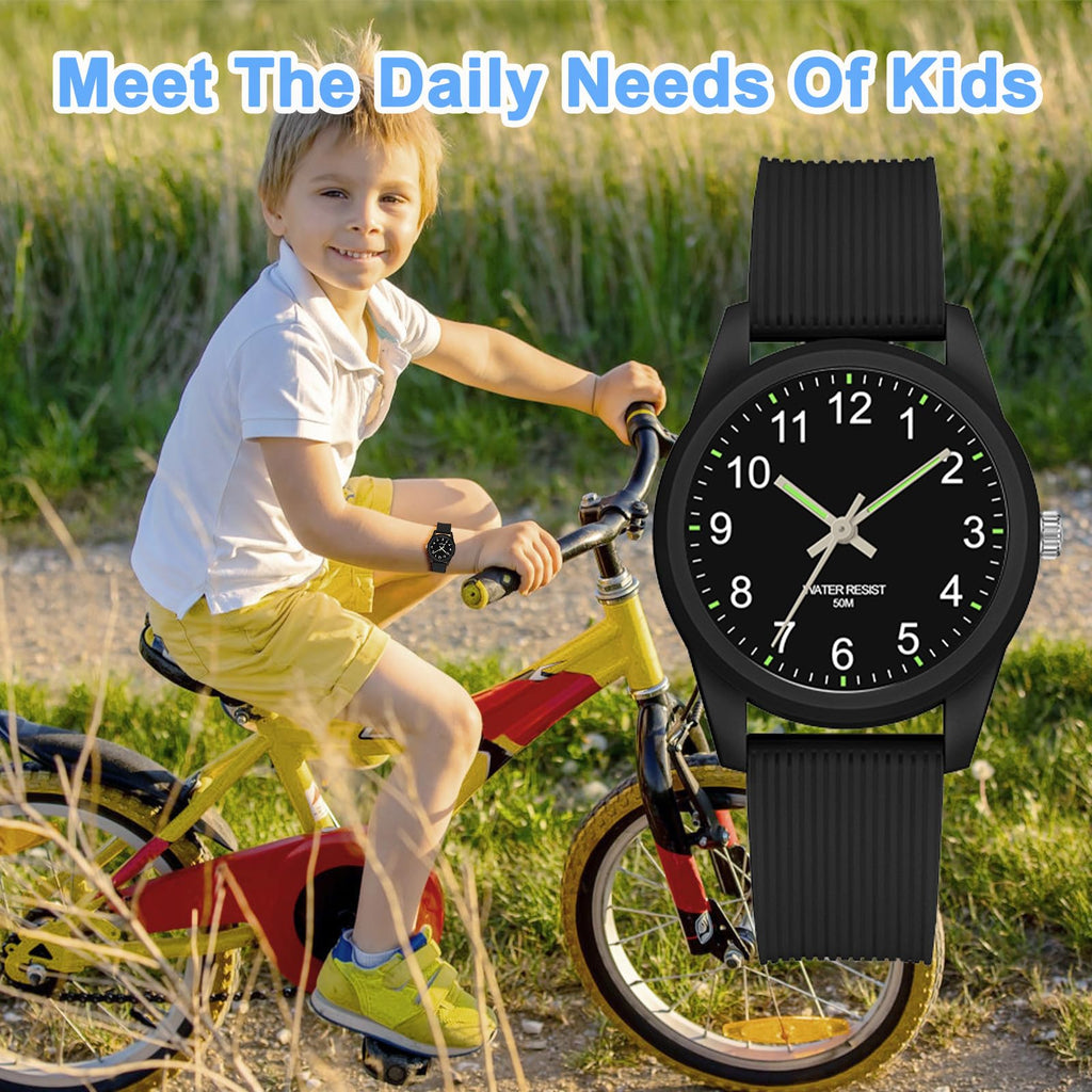 TENOCK Kids Analog Watch for Boys Girls Time Teaching 50M Waterproof Kids Watches Easy to Read for 4-12 Years-Black