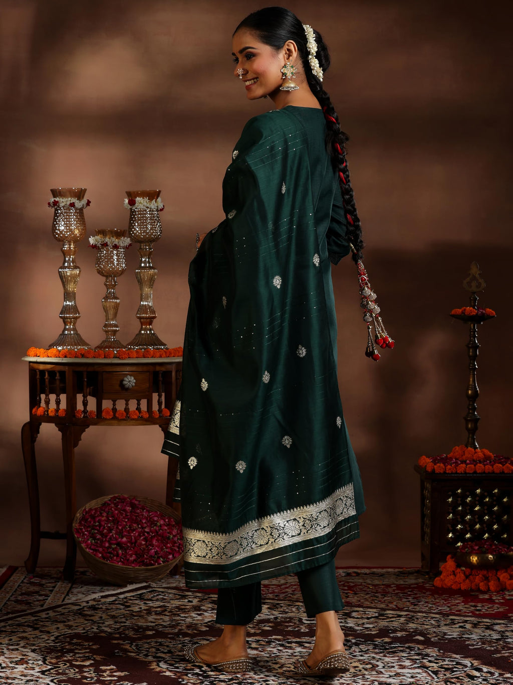 Libas Womens Woven Design Cotton Blend Straight Kurta With Trousers And Dupatta