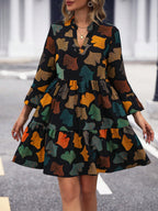Shasmi GirlS & WomenS Black V-Neck Allover Leaf Print Ruffle Hem Smock Gathered Ruffle Long Sleeve A-Line Midi Dress Full Prin