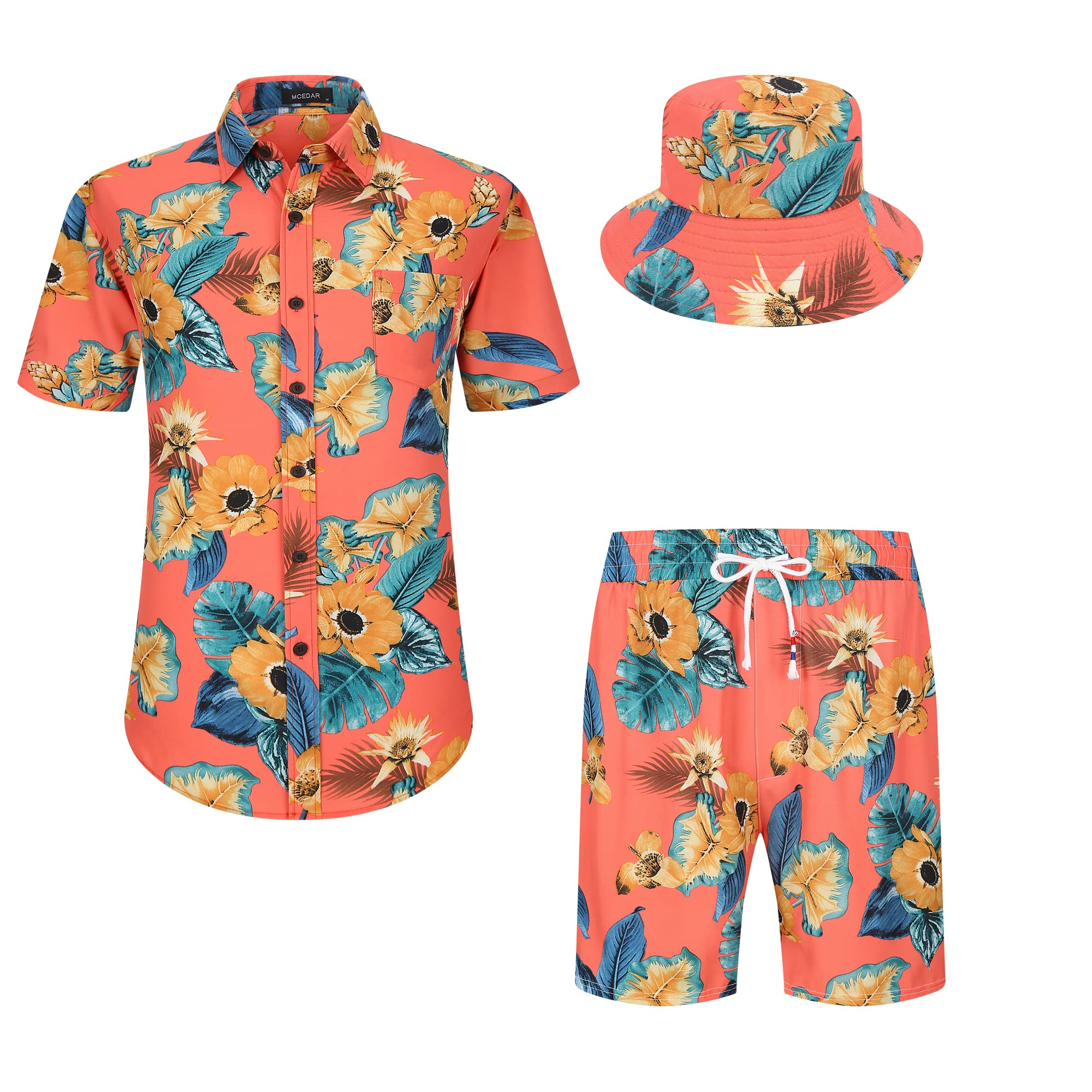 McEDAR Mens Hawaiian Shirt and Short 2 Piece Vacation Outfits Sets casual Button Down Beach Floral Suits with Bucket Hats(Pink O