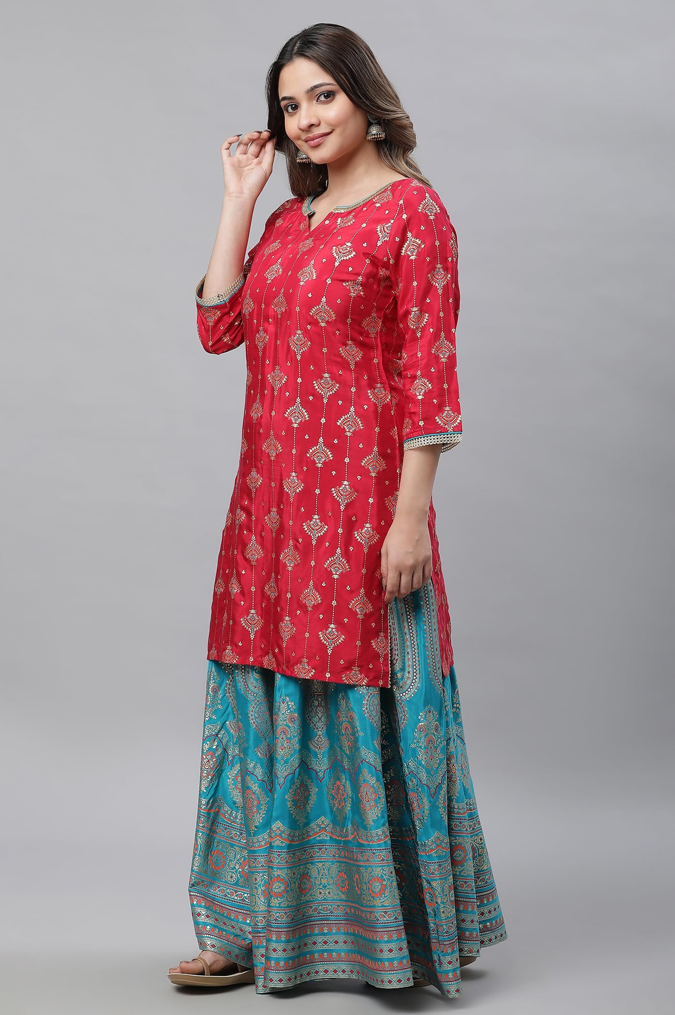 Red Shantung Printed Festive Kurta, Skirt And Dupatta Set_23Auas14692-507528