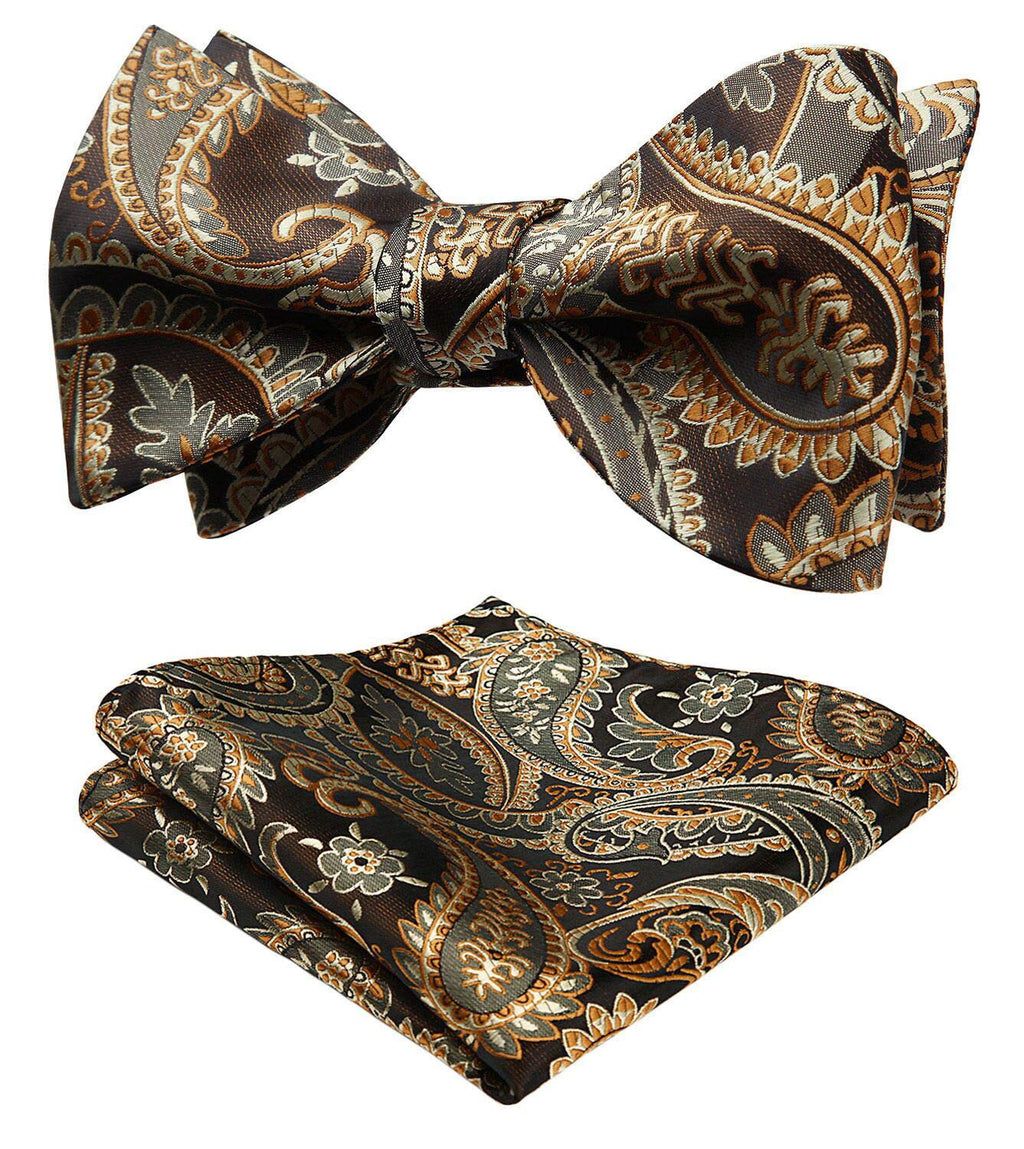 HISDERN Gold Bow Ties for Men Self Tie Paisley Mens Bow Tie and Pocket Square Set Classic Business Formal Tuxedo Men's Bowtie Ha