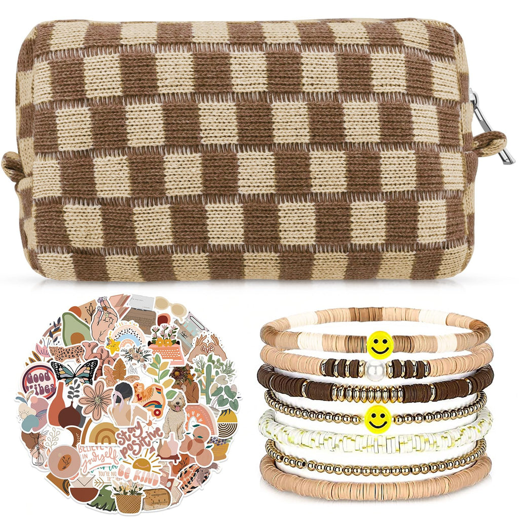 58 Pcs Aesthetic Makeup Bag Set With 7 Pcs Surfer Bracelets and 50 Pcs Stickers for Women Girls Teens Gift (Brown)