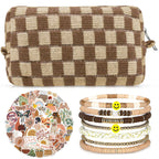 58 Pcs Aesthetic Makeup Bag Set With 7 Pcs Surfer Bracelets and 50 Pcs Stickers for Women Girls Teens Gift (Brown)