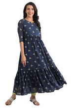 Aurelia Women'S Polyester Dark Blue Round Neck Printed Dress Ankle Length (21Fea11419-501449 S)