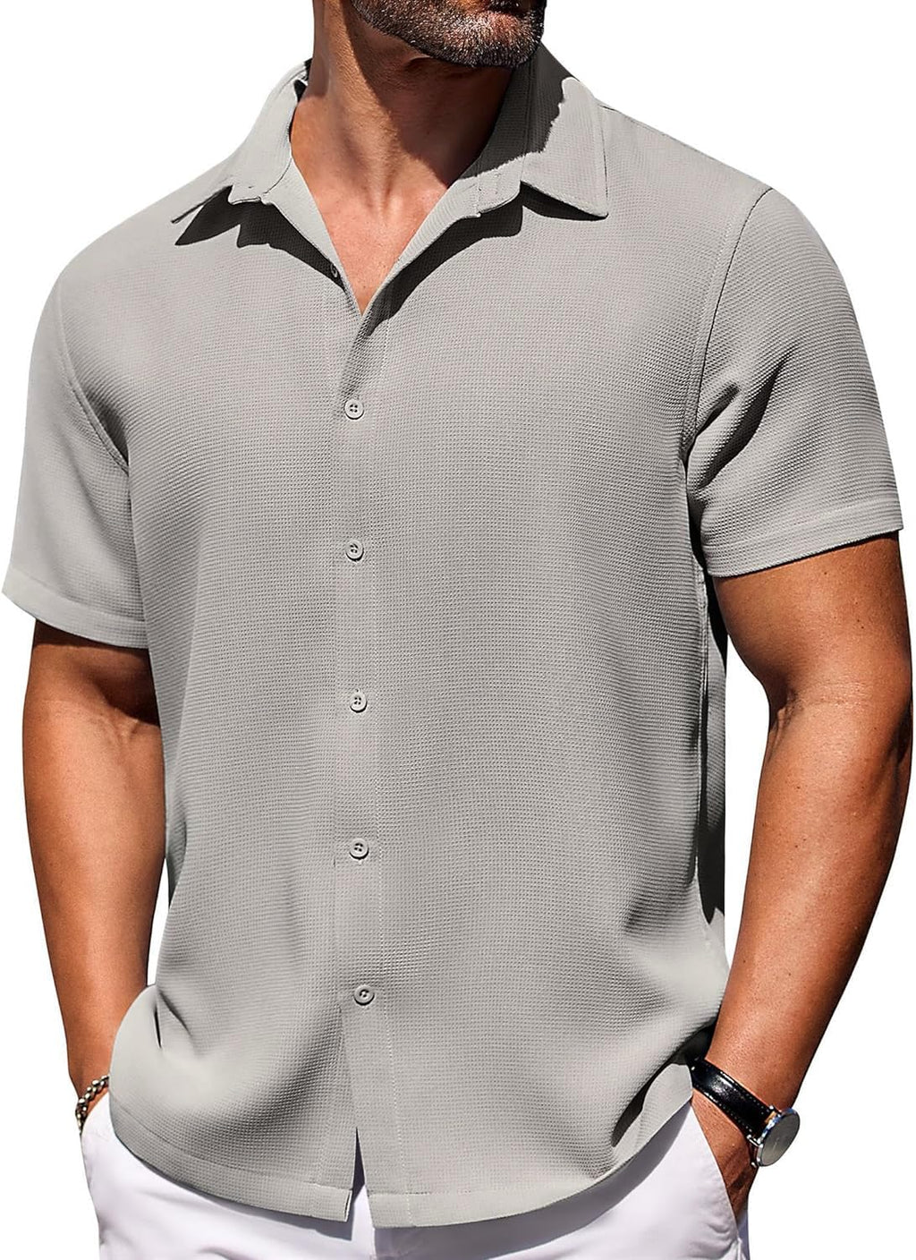 CB-COLEBROOK Mens Waffle Knit Shirt Short Sleeve Button Down Shirts Casual Beach Vacation Shirts Latest Textured Wrinkle Free Sh