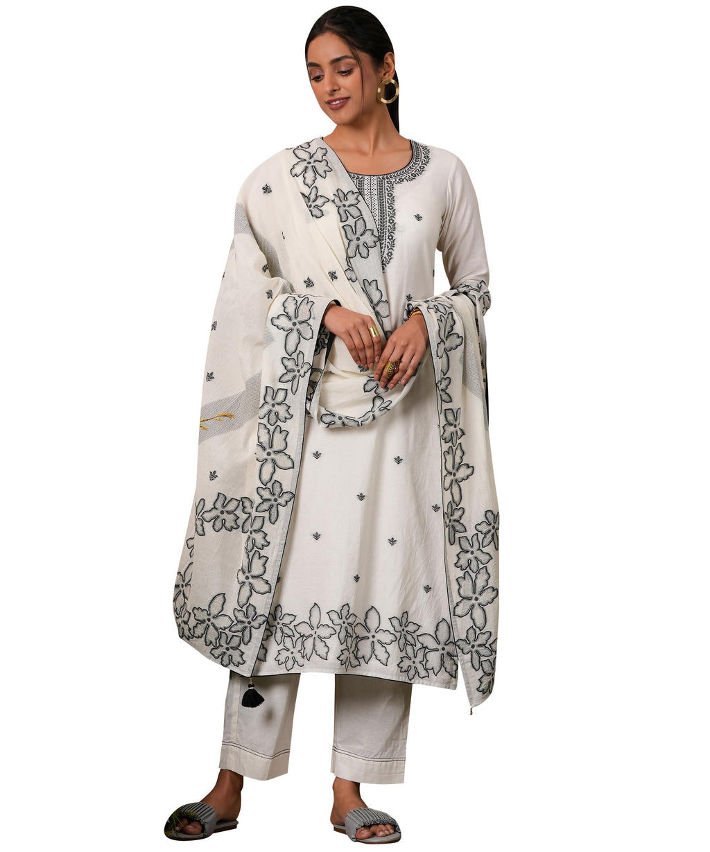 Libas Womens Woven Design Cotton Straight Kurta With Trousers And Dupatta