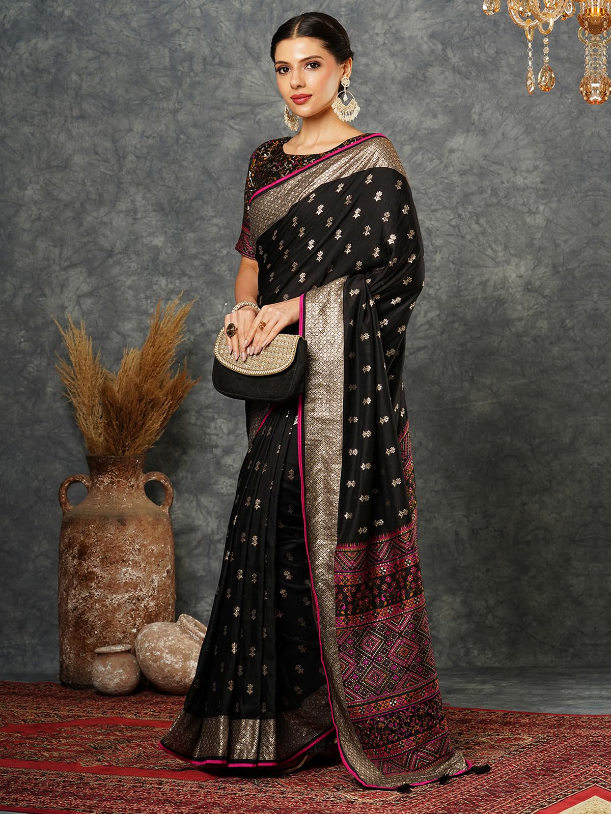 Satrani Womens Dola Silk Banarasi Jacquard Saree with Unstitched Blouse Piece