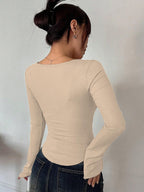 Sugathari Womens Skin Solid Long Sleeve Wrap-Style Square Split Crew Neck Bodycon Women T-Shirt Spring and Summer Top, Minimali