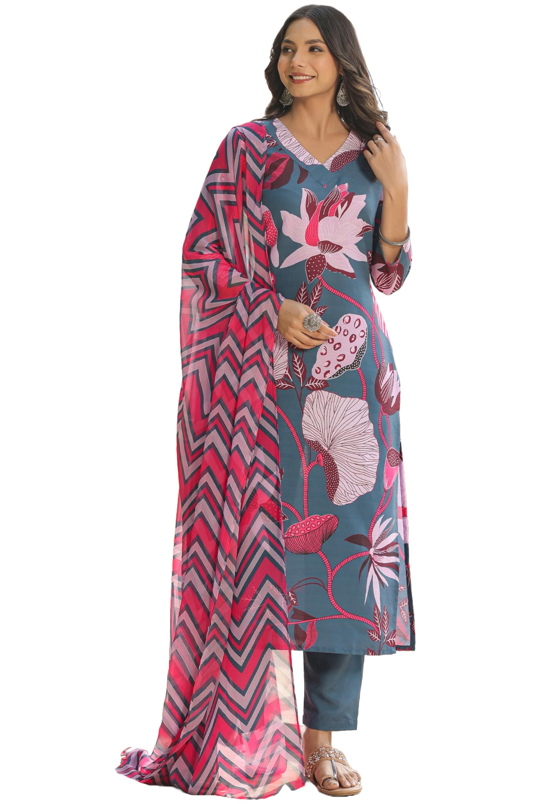 ANNI DESIGNER Womens Cotton Blend Straight Printed Kurta with Pant & Dupatta (Sohini Grey_S_Grey_Small)
