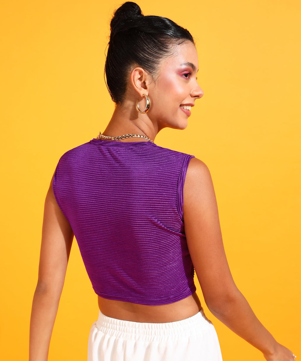 POPWINGS Women Casual Self Design Wrinkle Purple Crop Top Tops for Women | Stylish Tops for Women | Trendy Tops Women