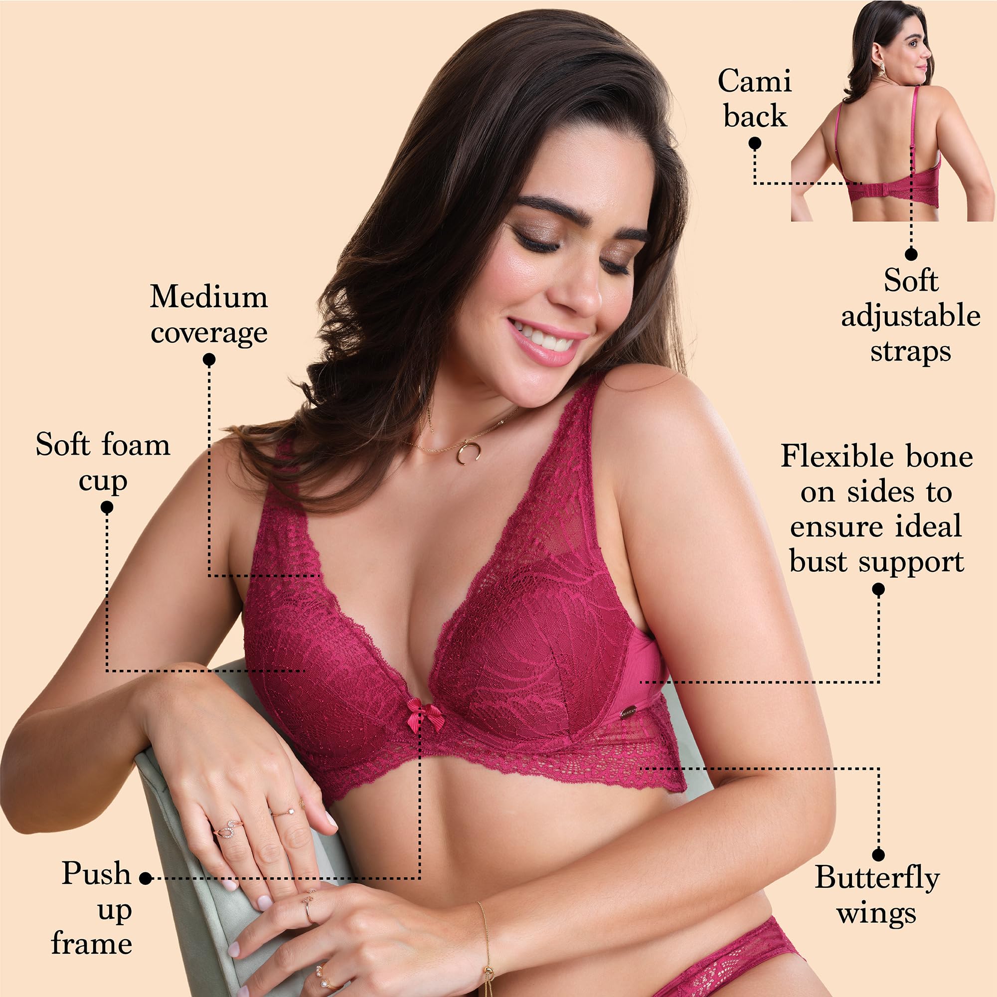 Enamor F091 Butterfly Cleavage Enhancer Plunge Push-Up Bra - Padded Wired Medium Coverage Plum