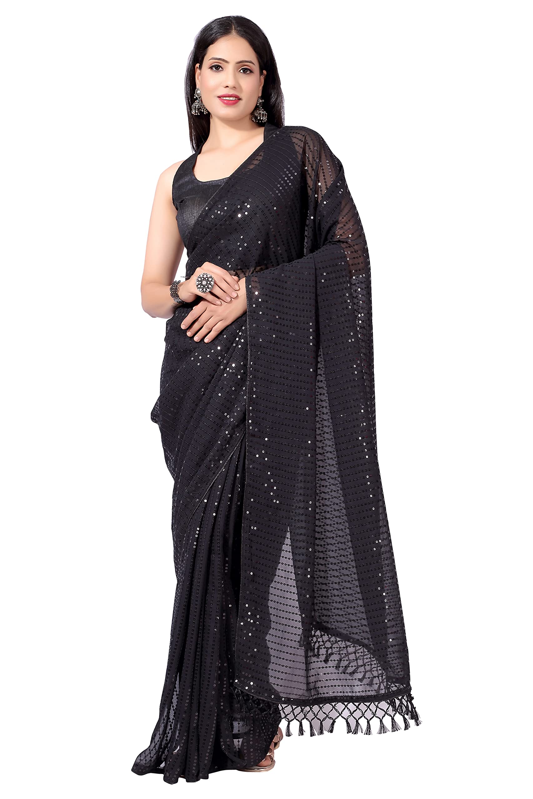 Shiv Textiles Womens Georgette Sequence Ready To Wear One Minute Saree for women With Unstitched Blouse. (Black)