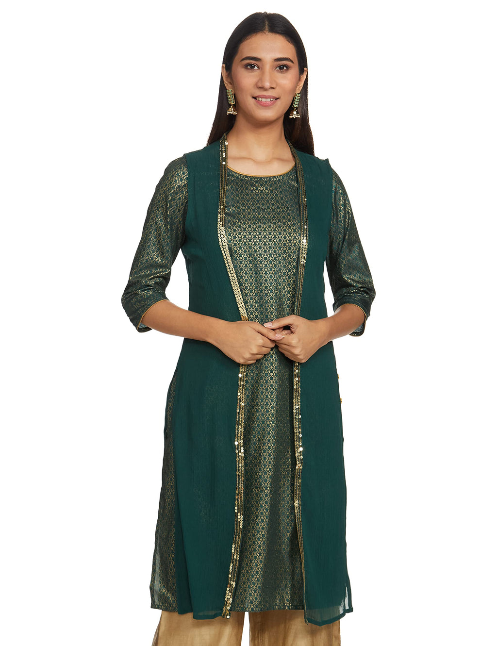 Aurelia Women'S Polyester Deep Green Sequin Kurta-Gilet Set Suit-Dress (20Stas12116-500884 S)