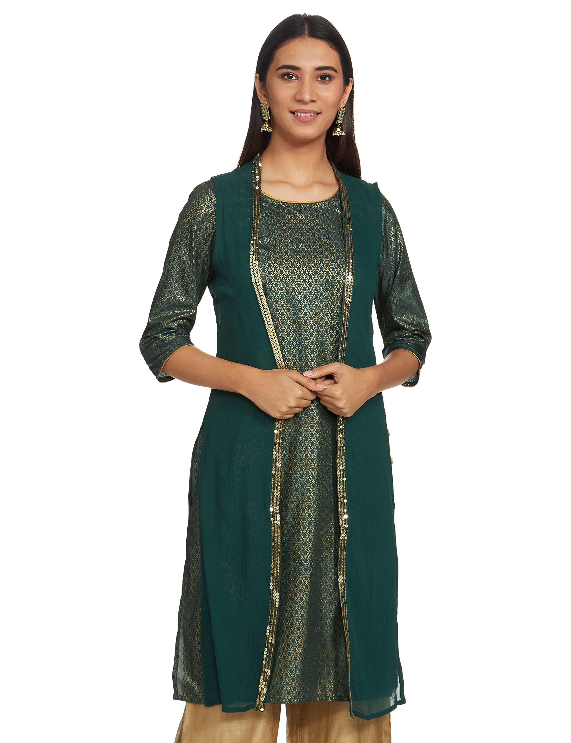Aurelia Women'S Polyester Deep Green Sequin Kurta-Gilet Set Suit-Dress (20Stas12116-500884 S)