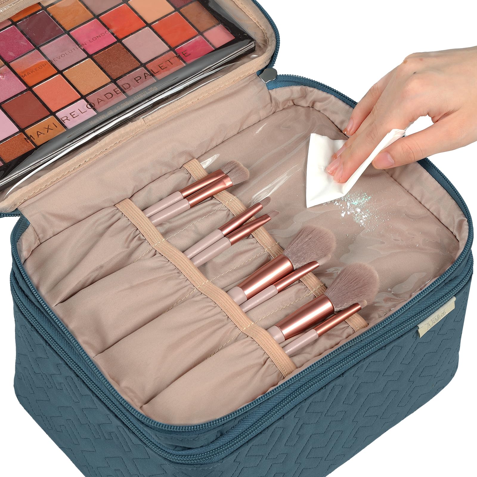 NISHEL Large Double Layer Travel Makeup Bag Women, Large Cosmetic Case, Organizer for Travel-Size Accessories Bottles, Brushes,