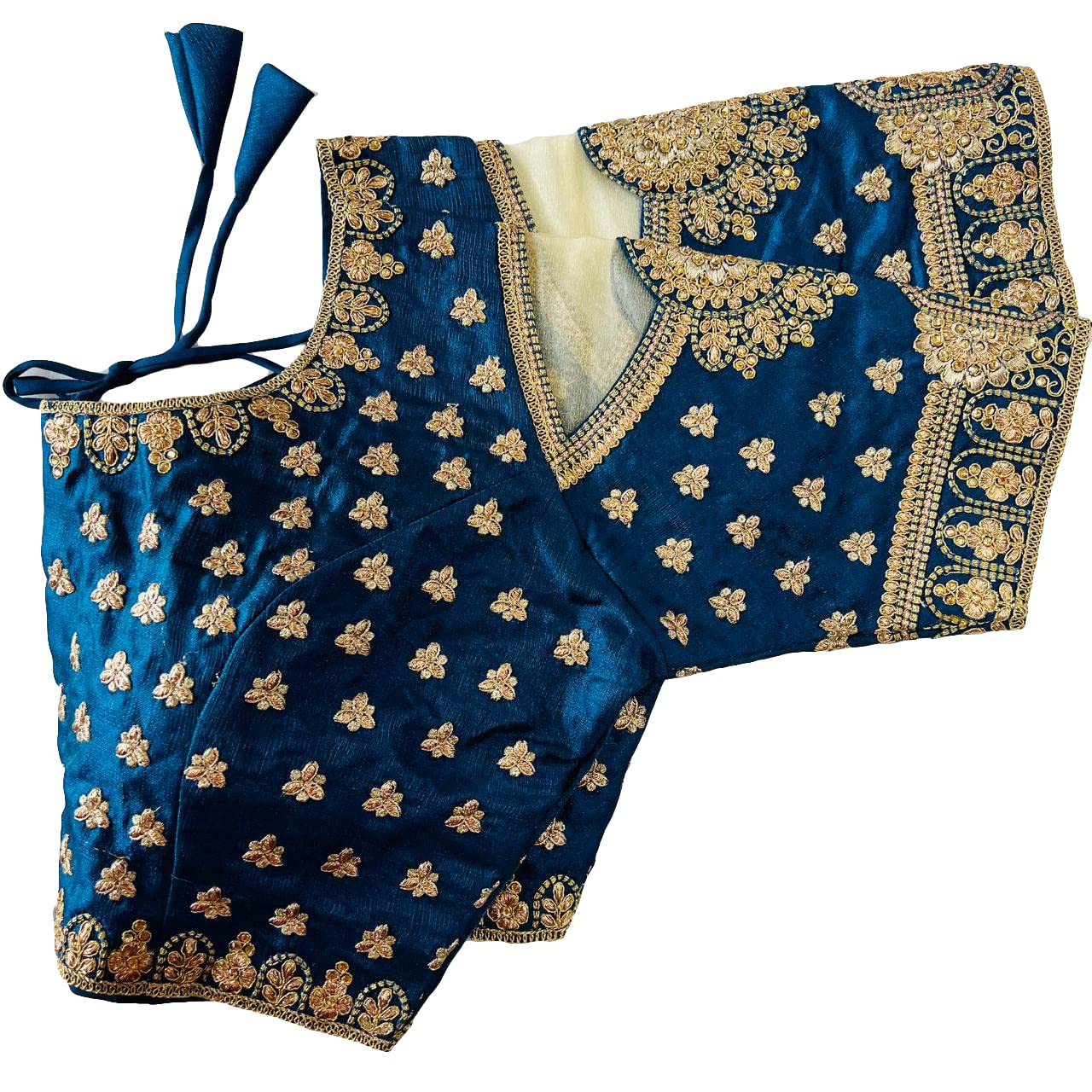 Pujia Mills Womens Heavy Milan Silk Codding Embroidery with Diamond Work Net Cutwork Blouse (Gopika Morpeach)