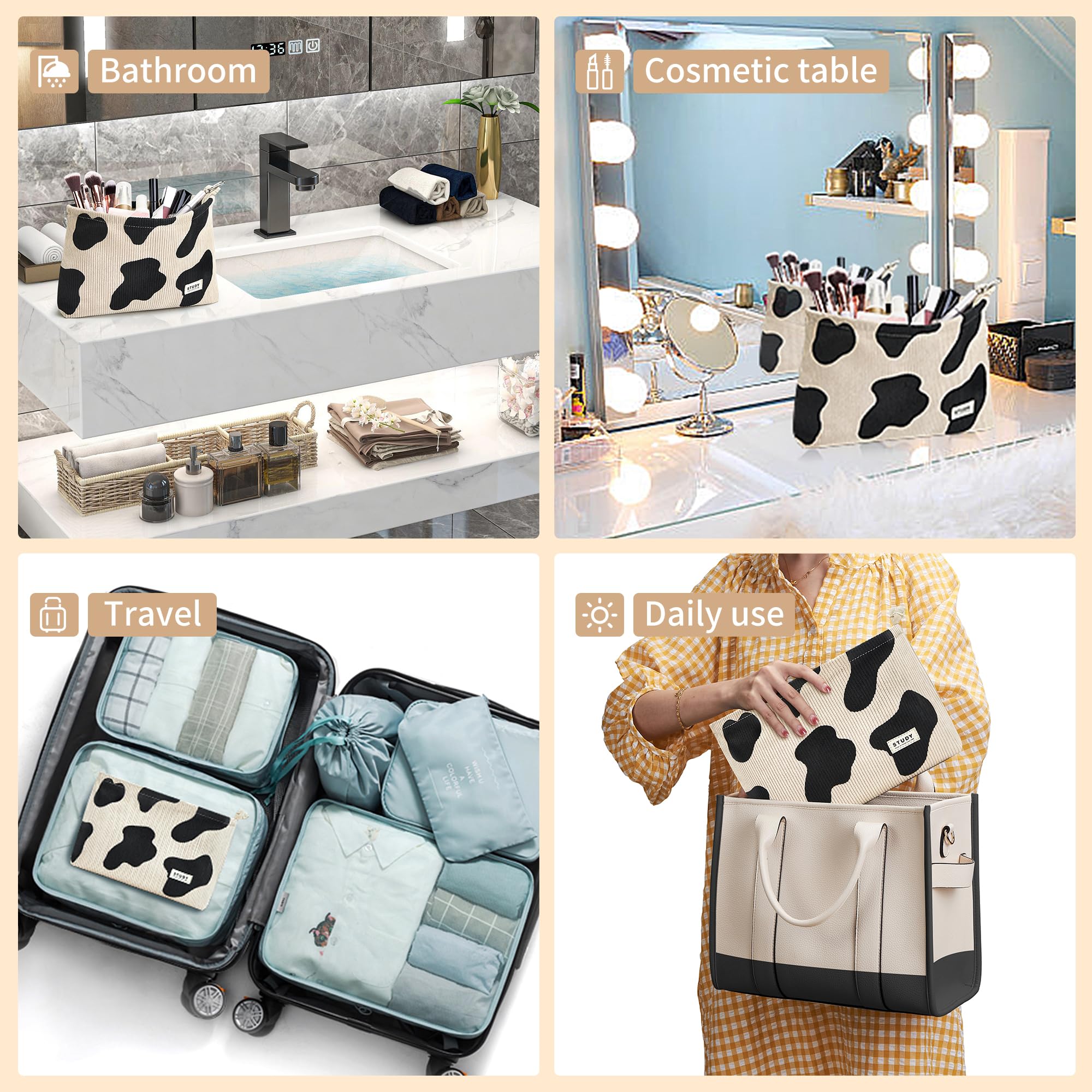 WLLWOO Makeup Bag-2pcs Cow Corduroy Cosmetic Bag Zipper Interior Waterproof Pencil Case Coin Purse Travel Toiletry Small Makeup
