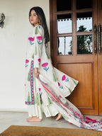 ANNI DESIGNER Women s Rayon Blend Printed Straight Kurta with Pants and Dupatta, white, L