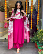 ANNI DESIGNER Womens Rayon Viscose Printed Straight Kurta with Pant & Dupatta (Kapasa Pink_XXL_Pink_XX-Large)