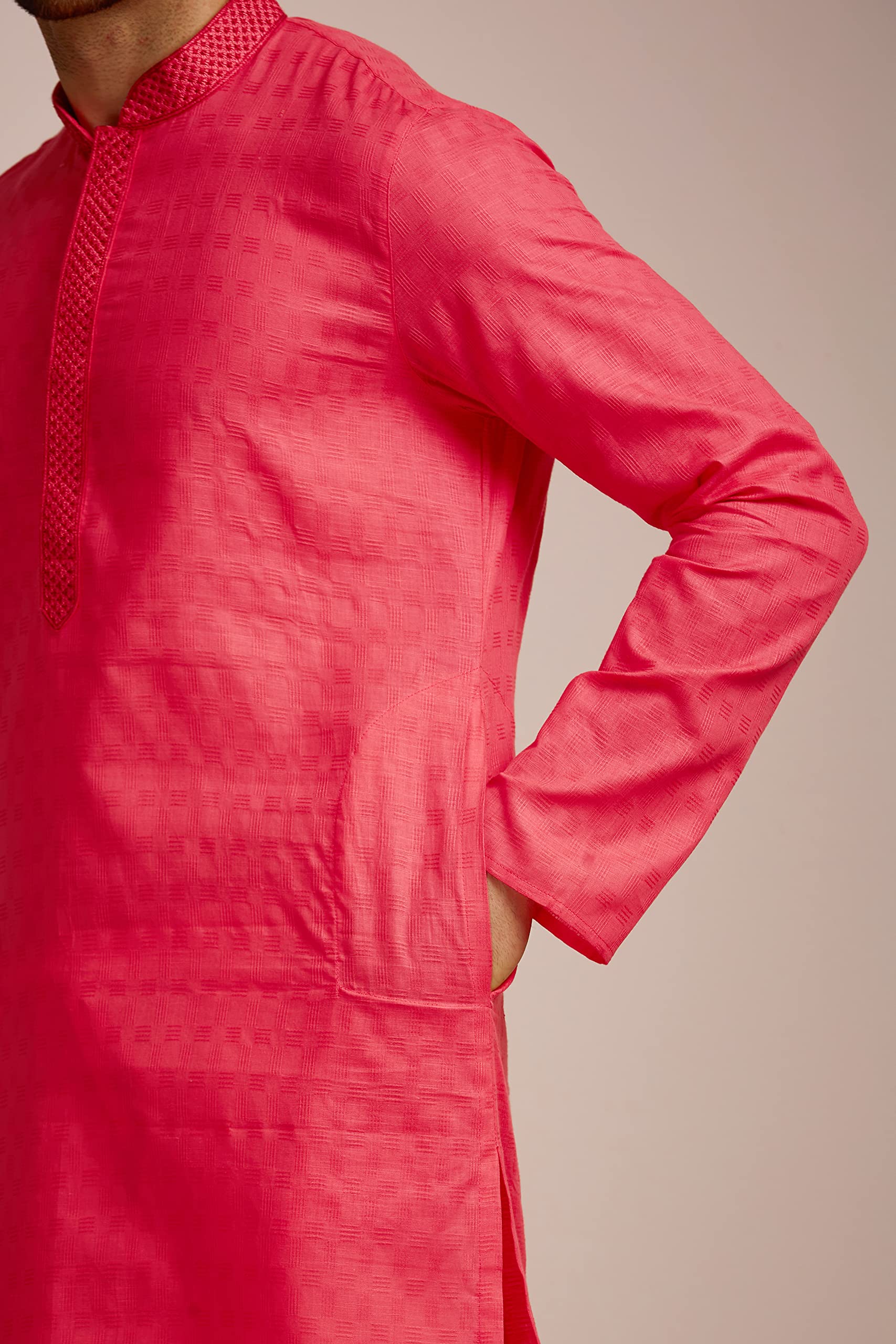 Manyavar Mens Pink All Over Self Design Full Sleeve Cotton Traditional Kurta Set