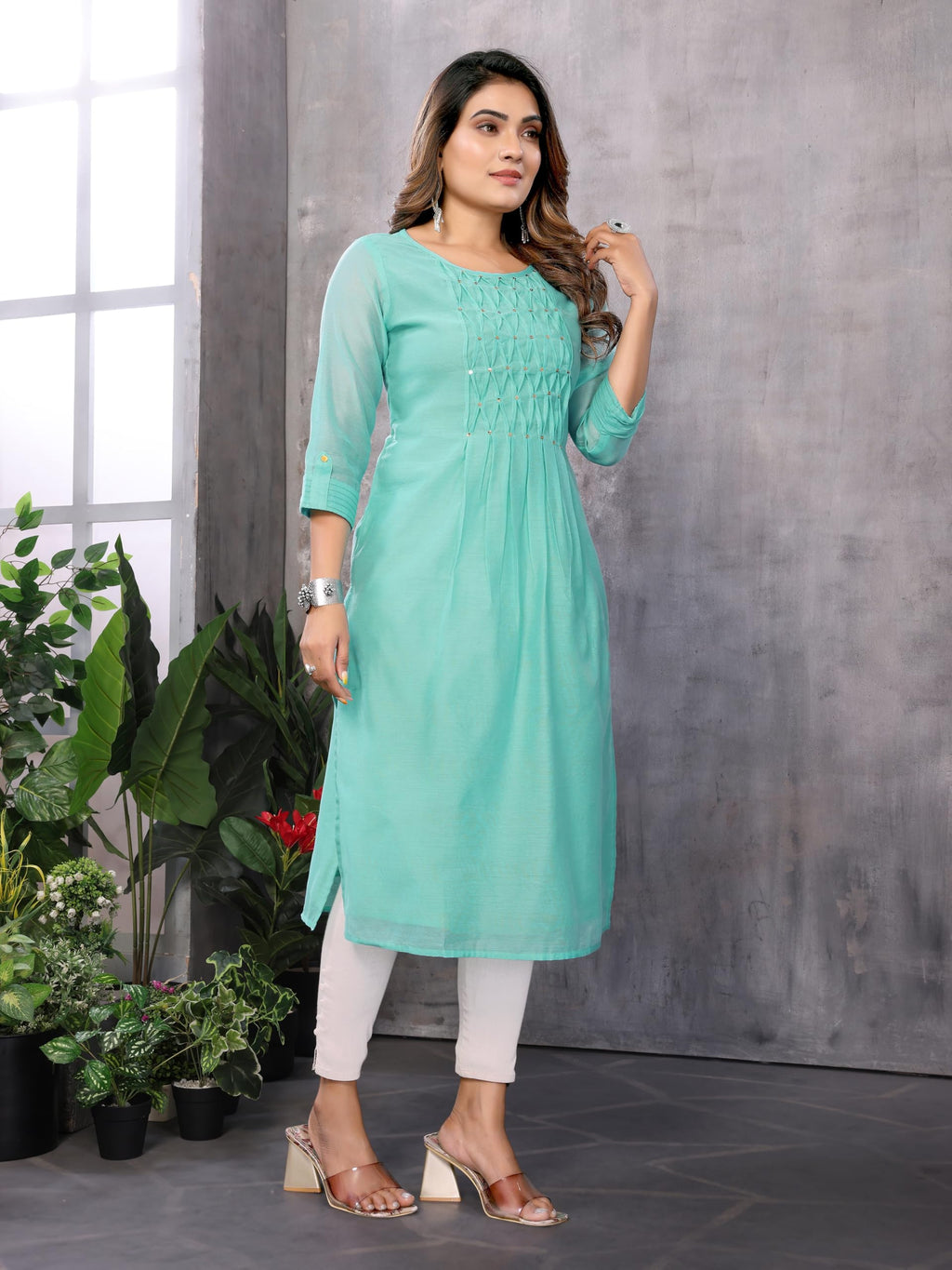 Rangita Sea Green Chanderi Calf Length Solid A-Line Kurti | Kurta For Women