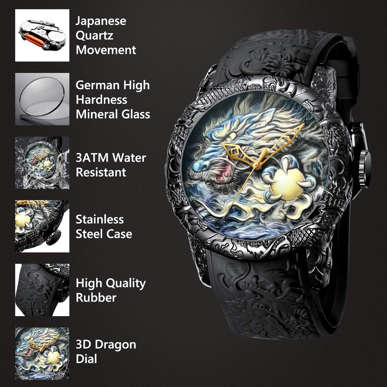 MASTOP Men's Fashion Big Dial Watches 3D Sculpture Dragon Luxury Men Quartz Watches Exquisite Creative Watch