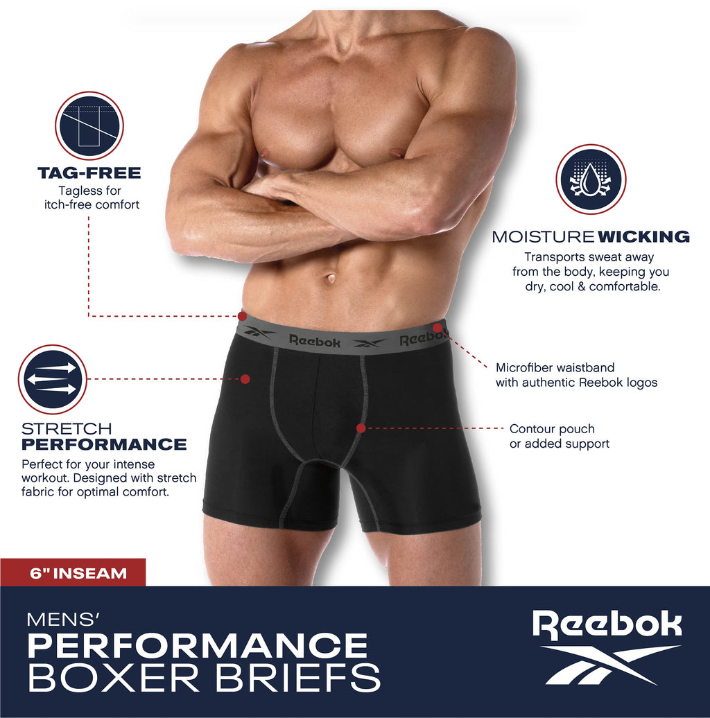 Reebok Men's Active Underwear - Sport Soft Performance Boxer Briefs (4 Pack), Size Large, All Black