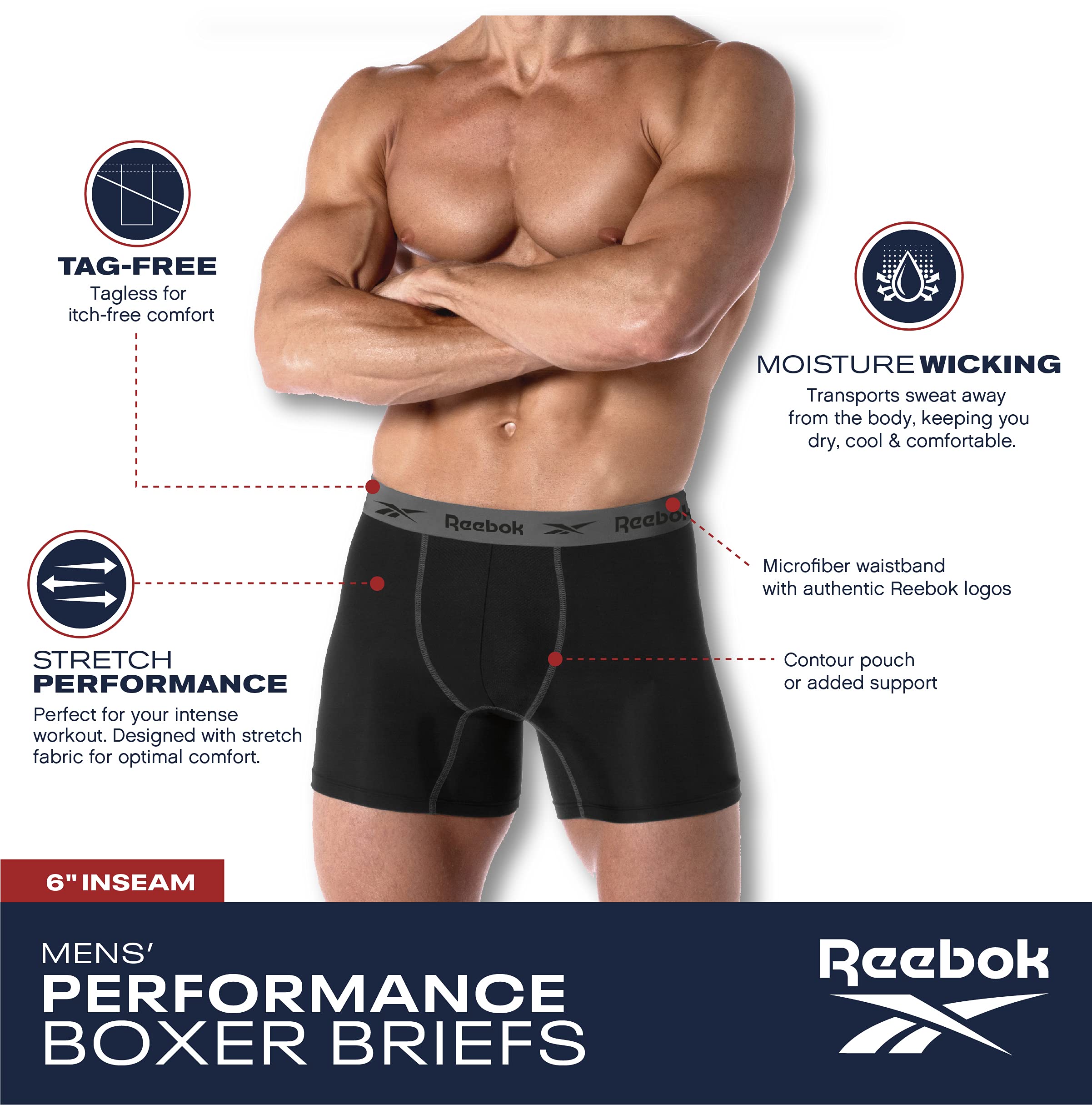 Reebok Men's Underwear - Performance Boxer Briefs (8 Pack), Size X-Large, BlackRedGrey