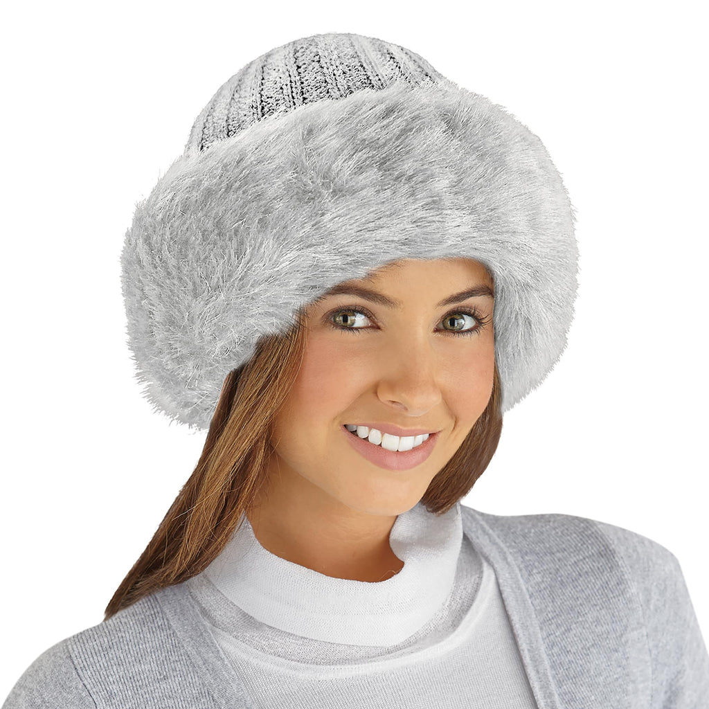 Collections Etc Faux Fur Trimmed Winter Fashion Hat Light Grey NO Size
