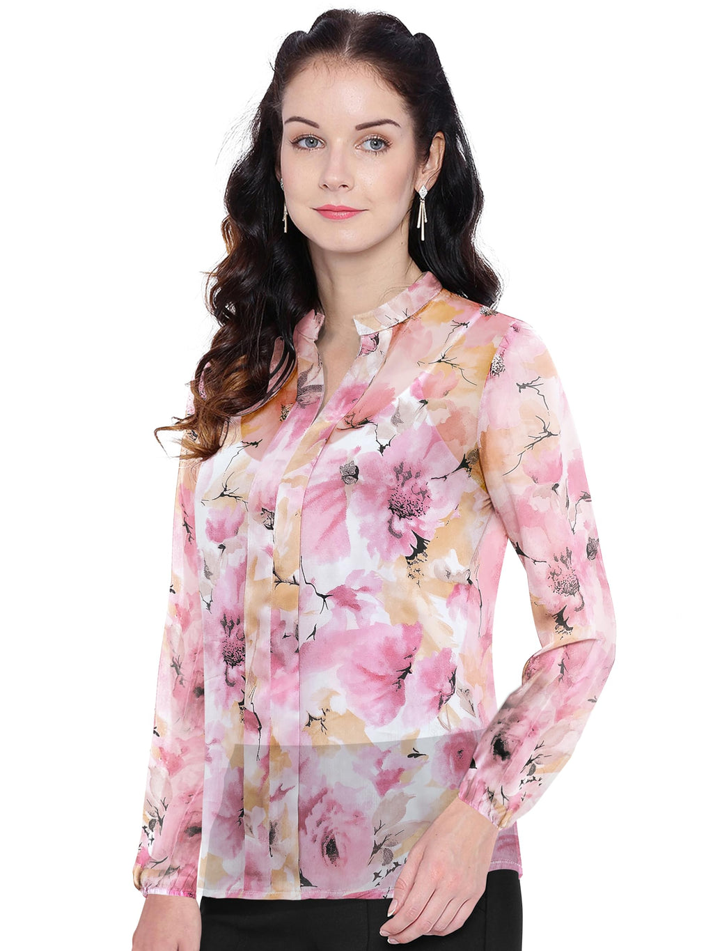 Toochki WomenS Pink Georgette Floral Straight Western Top
