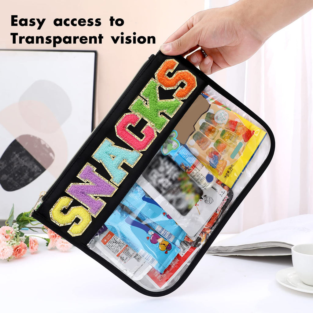 BCRMPT Chenille Letter Bag Clear Flat Pouch,Multi-purpose PVC&Nylon Clear Cosmetic Bags,Travel Makeup Bag With Zipper For Women,