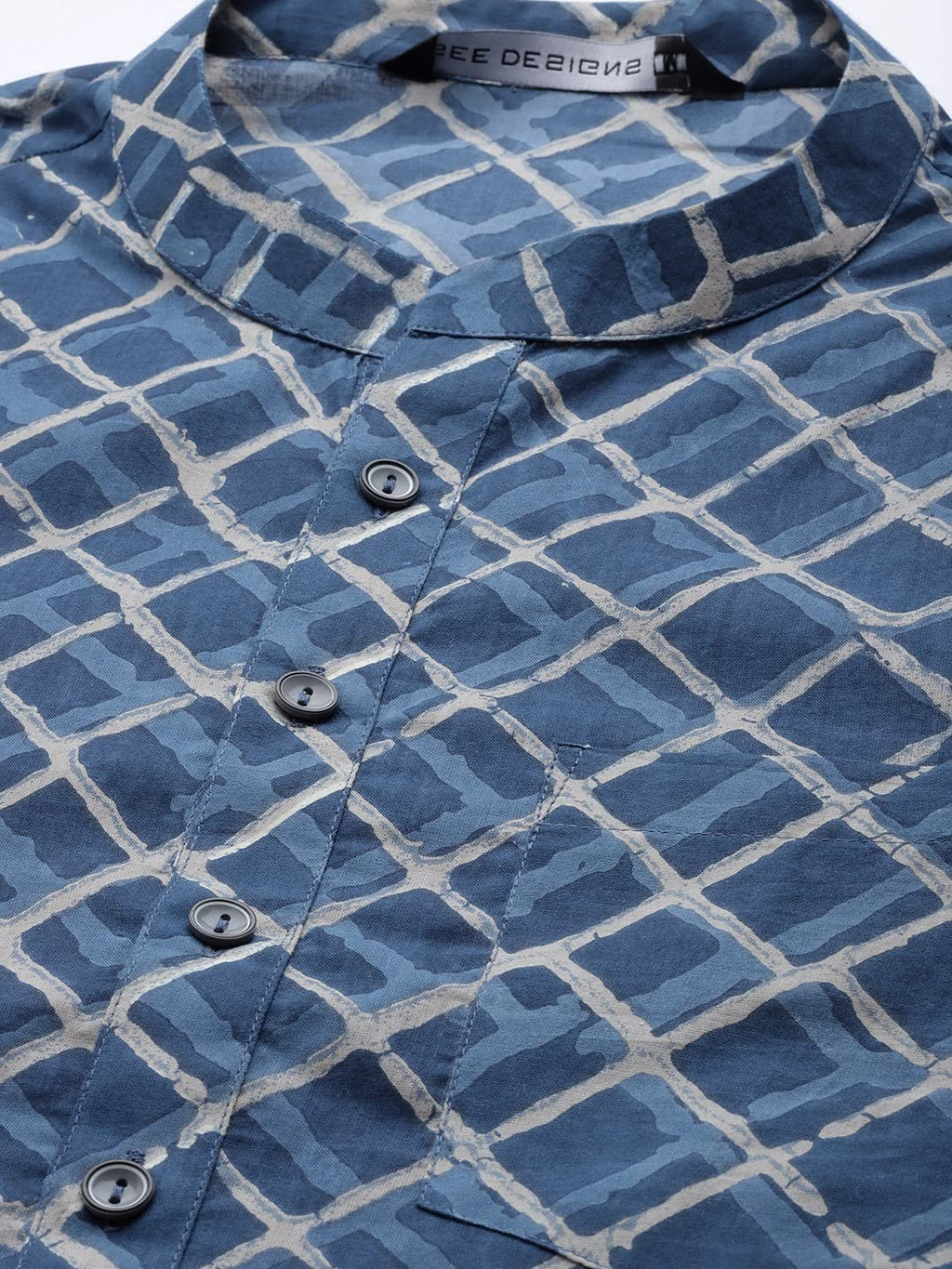 See Designs Blue & White Cotton Regular Fit Mandarin Collar Printed Kurta Set Two Pockets