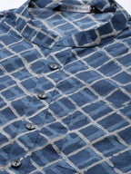 See Designs Blue & White Cotton Regular Fit Mandarin Collar Printed Kurta Set Two Pockets