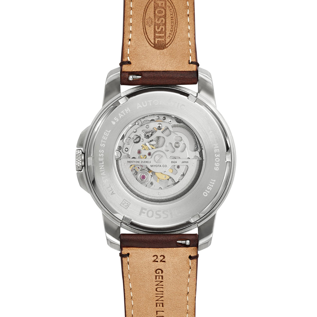 Fossil Men's Grant Automatic Stainless Steel and Leather Three-Hand Watch, Color: Silver, Brown (Model: ME3099)