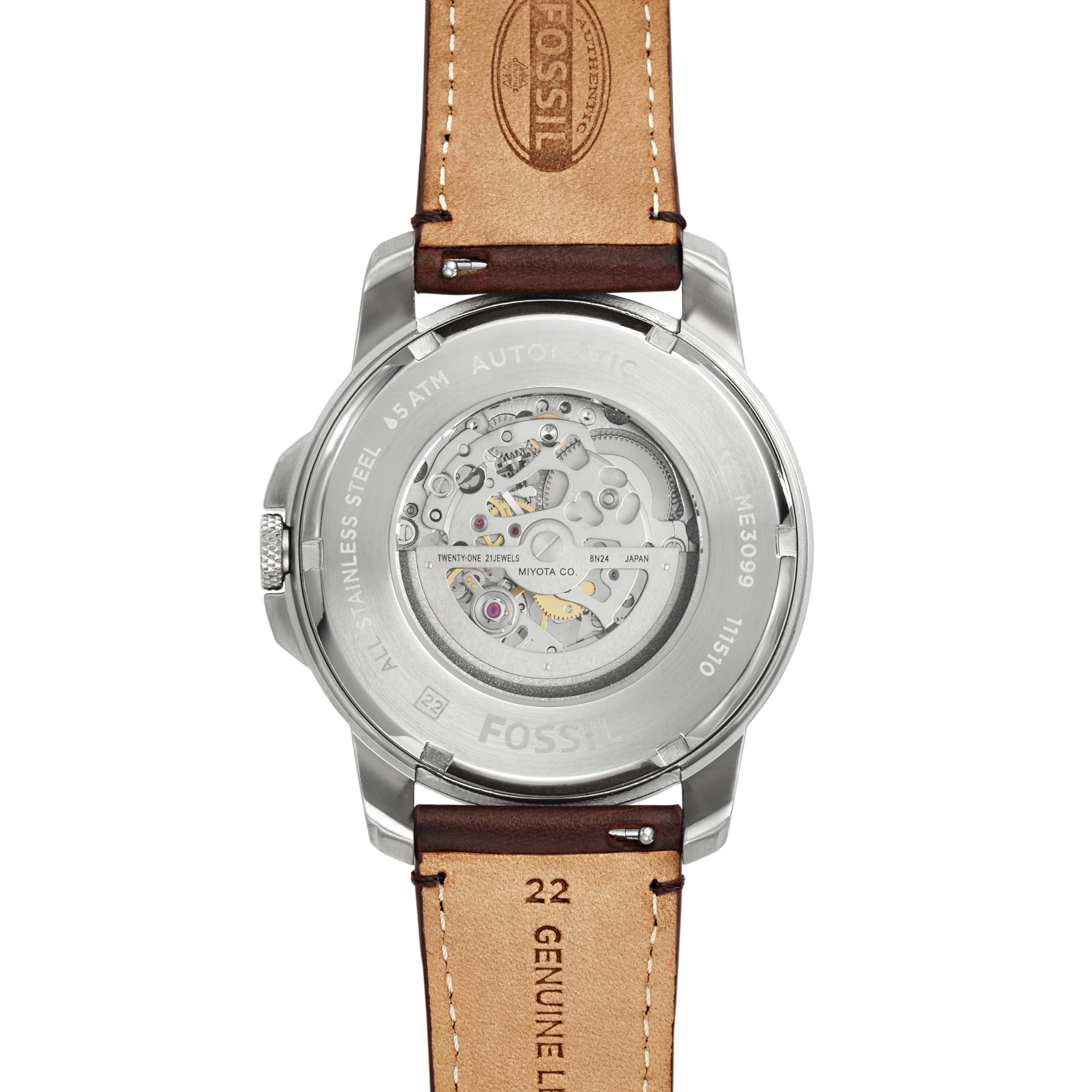 Fossil Men's Grant Automatic Stainless Steel and Leather Three-Hand Watch, Color: Silver, Brown (Model: ME3099)
