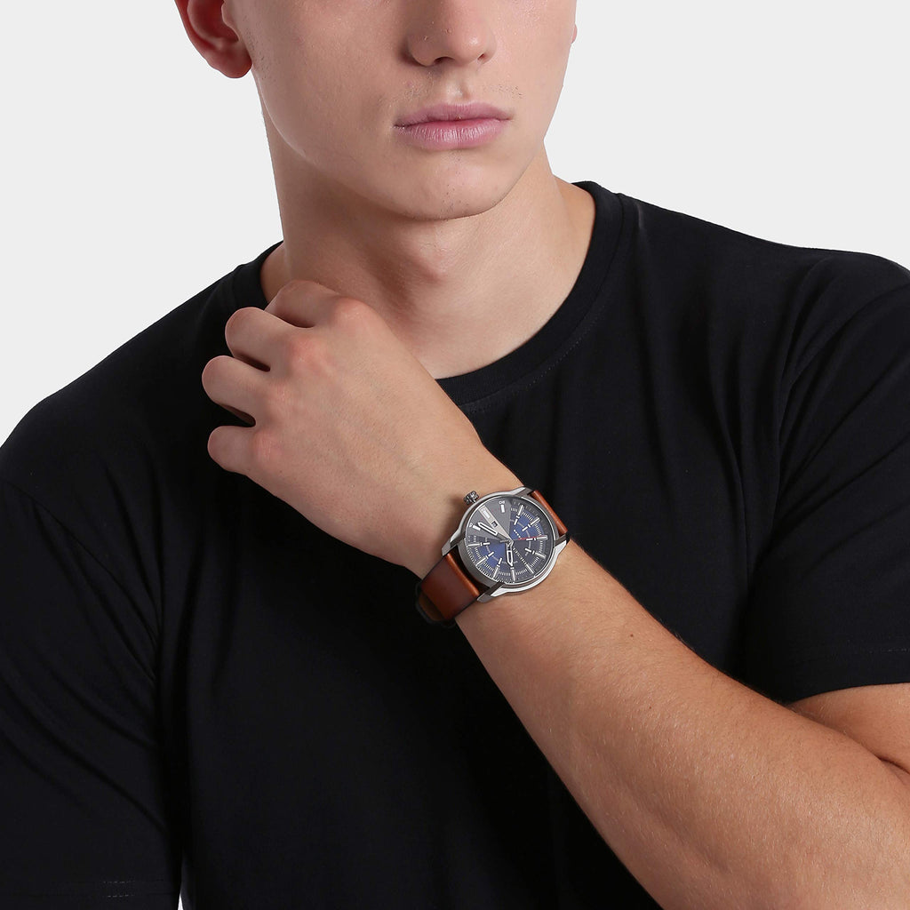 Diesel Armbar Stainless Steel and Leather Three-Hand Analog Men's Watch, Color: Gunmetal, Brown (Model: DZ1784)